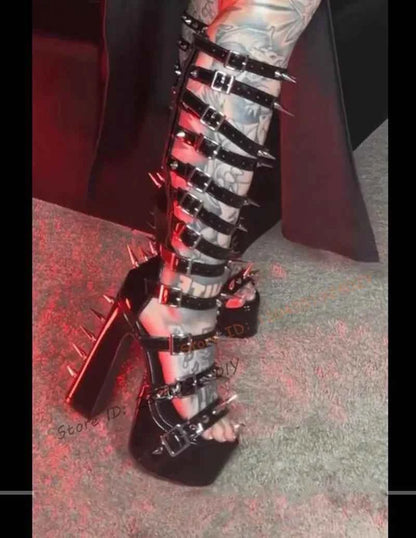 Block Chunky Heeled Spiky Belt Hollow Out Knee Length Punk Gladiator Summer Boots Women Black Leather Stud Long Sandal Boot