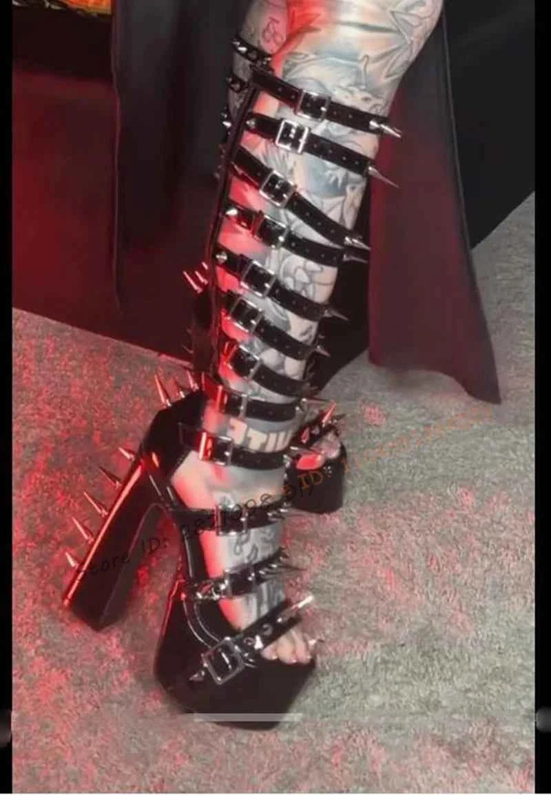 Block Chunky Heeled Spiky Belt Hollow Out Knee Length Punk Gladiator Summer Boots Women Black Leather Stud Long Sandal Boot