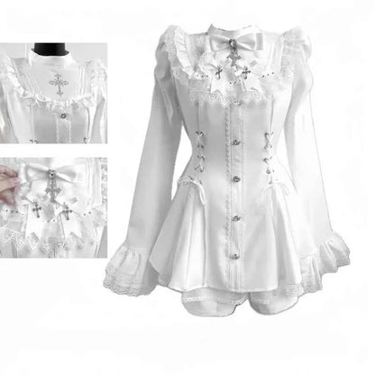 Y2k Aesthetic Lolita Style Bow Dress Shorts Set Japanese Women Gothic Lace Flare Sleeve Button Shirt Dress Punk Party Mini Dress