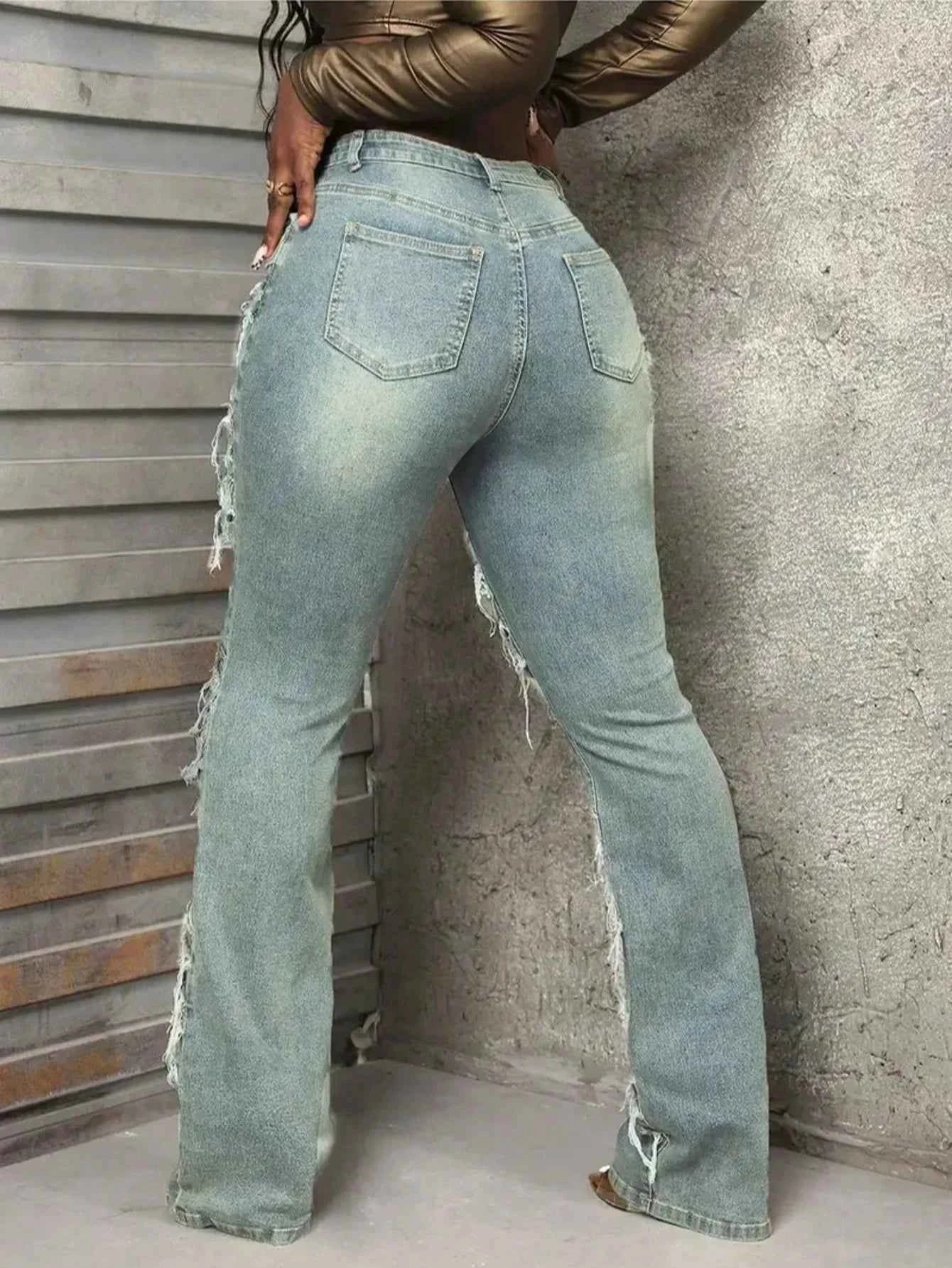 Y2K 90s Street Style Women's Vintage Fringed Distressed Flare Jeans - High Stretch Unique Tassel Design Hip Hop Fashion for All