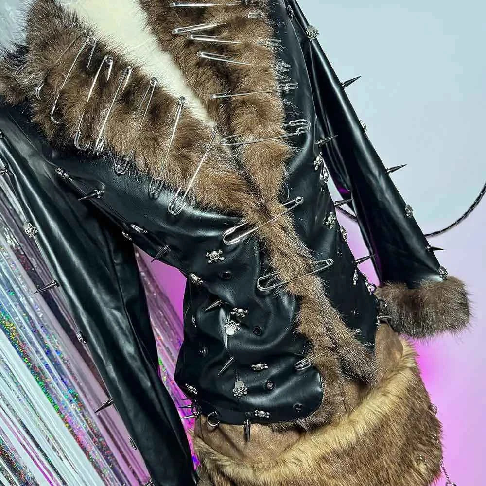 Hip Hop Teen E-Girls Emo Grunge Goth DIY Club Wear Hand Made Punk Rock Studded Y2K Vegan Leather Faux Fur Jacket Coat Pin