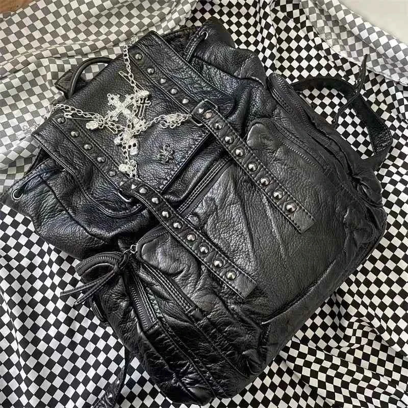 Gothic Y2K Backpack Black Grunge Cross Skeleton | MUNSIEUR