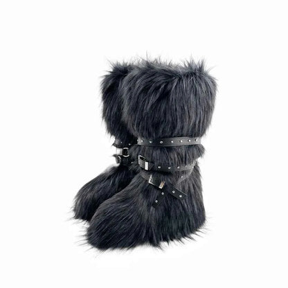Ladies Faux Fur Knee High Wedge Platform Boots Popular Brown Spice Girl Cross Belt Buckle Winter New Snow Boots For Women