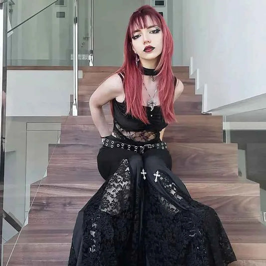 Goth Mall Flare Pants Sexy Black Lace Patchwork High Waist Vintage Harajuku Hippie Punk Grunge Streetwear  Y2k Pants