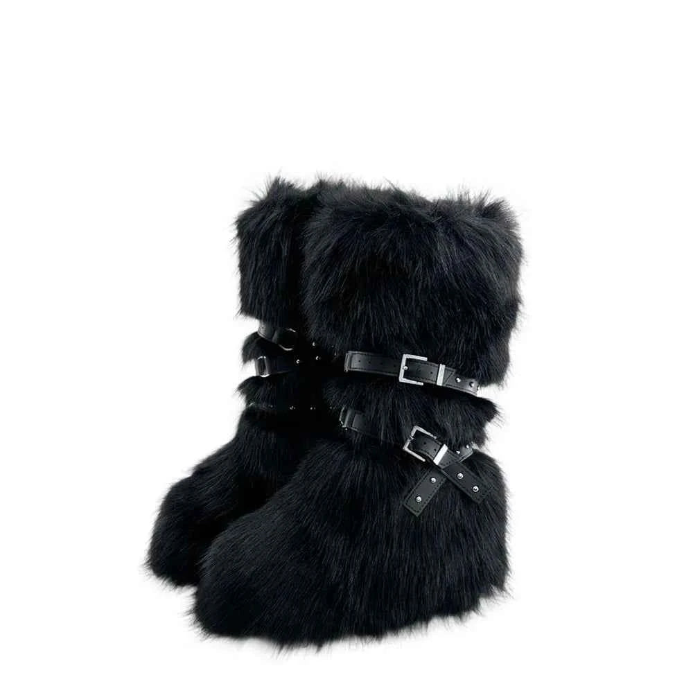 Ladies Faux Fur Knee High Wedge Platform Boots Popular Brown Spice Girl Cross Belt Buckle Winter New Snow Boots For Women