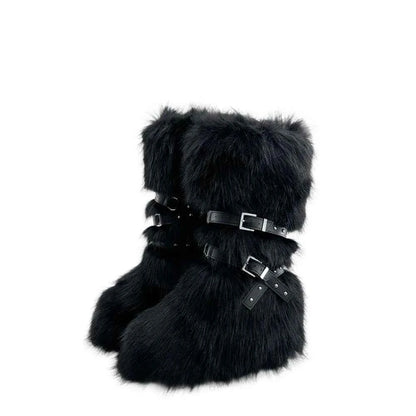 Ladies Faux Fur Knee High Wedge Platform Boots Popular Brown Spice Girl Cross Belt Buckle Winter New Snow Boots For Women