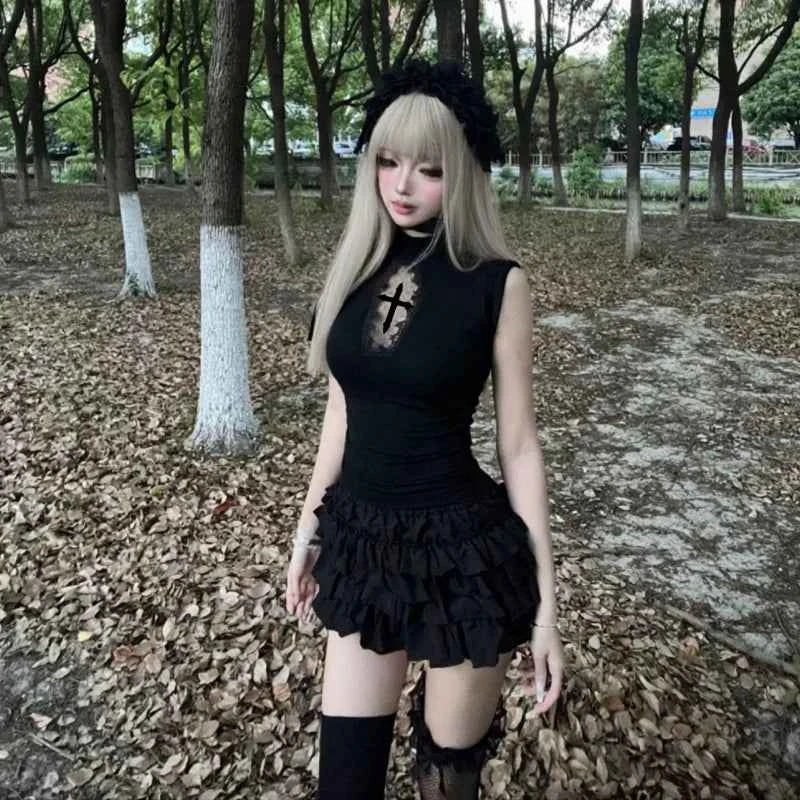 Women Cross Hollow Out T-shirt Gothic Long Sleeve Turtleneck Top Punk Alt Goth Style Clothing Black Blue Y2K Sleeveless Shirt