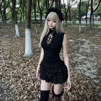 Women Cross Hollow Out T-shirt Gothic Long Sleeve Turtleneck Top Punk Alt Goth Style Clothing Black Blue Y2K Sleeveless Shirt