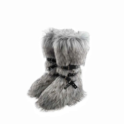 Ladies Faux Fur Knee High Wedge Platform Boots Popular Brown Spice Girl Cross Belt Buckle Winter New Snow Boots For Women