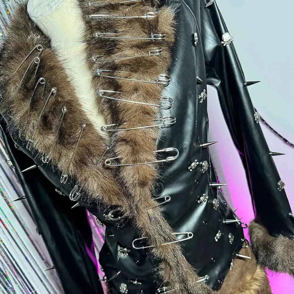 Hip Hop Teen E-Girls Emo Grunge Goth DIY Club Wear Hand Made Punk Rock Studded Y2K Vegan Leather Faux Fur Jacket Coat Pin
