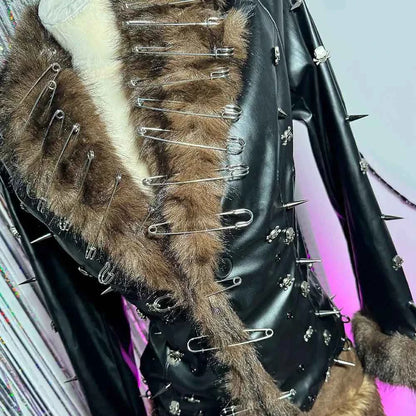 Hip Hop Teen E-Girls Emo Grunge Goth DIY Club Wear Hand Made Punk Rock Studded Y2K Vegan Leather Faux Fur Jacket Coat Pin