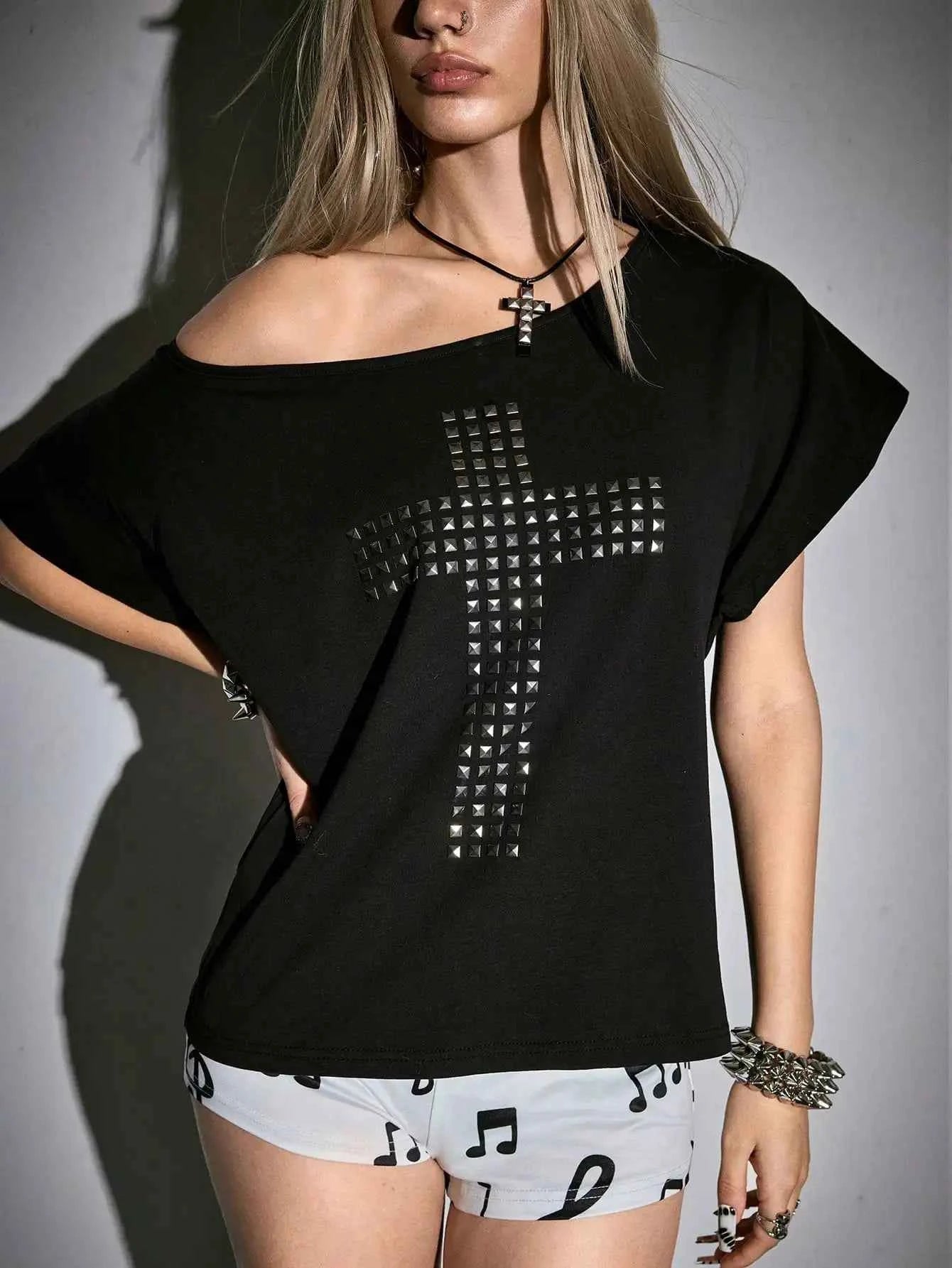 Punk Y2K Studded Cross T-Shirt with Cutout Back, Off-Shoulder Loose Fit for Streetwear