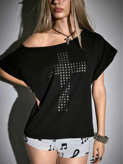 Punk Y2K Studded Cross T-Shirt with Cutout Back, Off-Shoulder Loose Fit for Streetwear