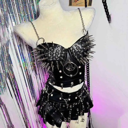 Gothic Emo Punk Woman Top with Spikes Grunge PU Leather Tank Y2K Alternative Clothing Sexy Party Club Wear T-shirt for Women