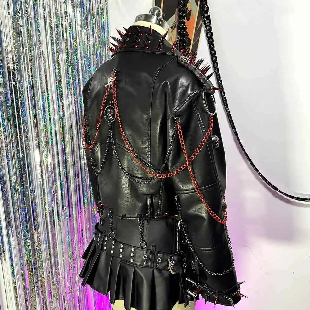 Punk Rock E-Girls Eco Goth Gothic Emo Grunge DIY Harajuku Y2K PU Leather Skull Studded Jacket Vintage Hand Made Studded Rivet