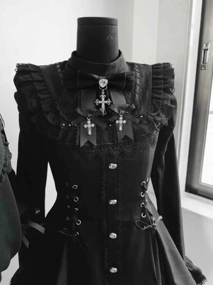Y2k Aesthetic Lolita Style Bow Dress Shorts Set Japanese Women Gothic Lace Flare Sleeve Button Shirt Dress Punk Party Mini Dress