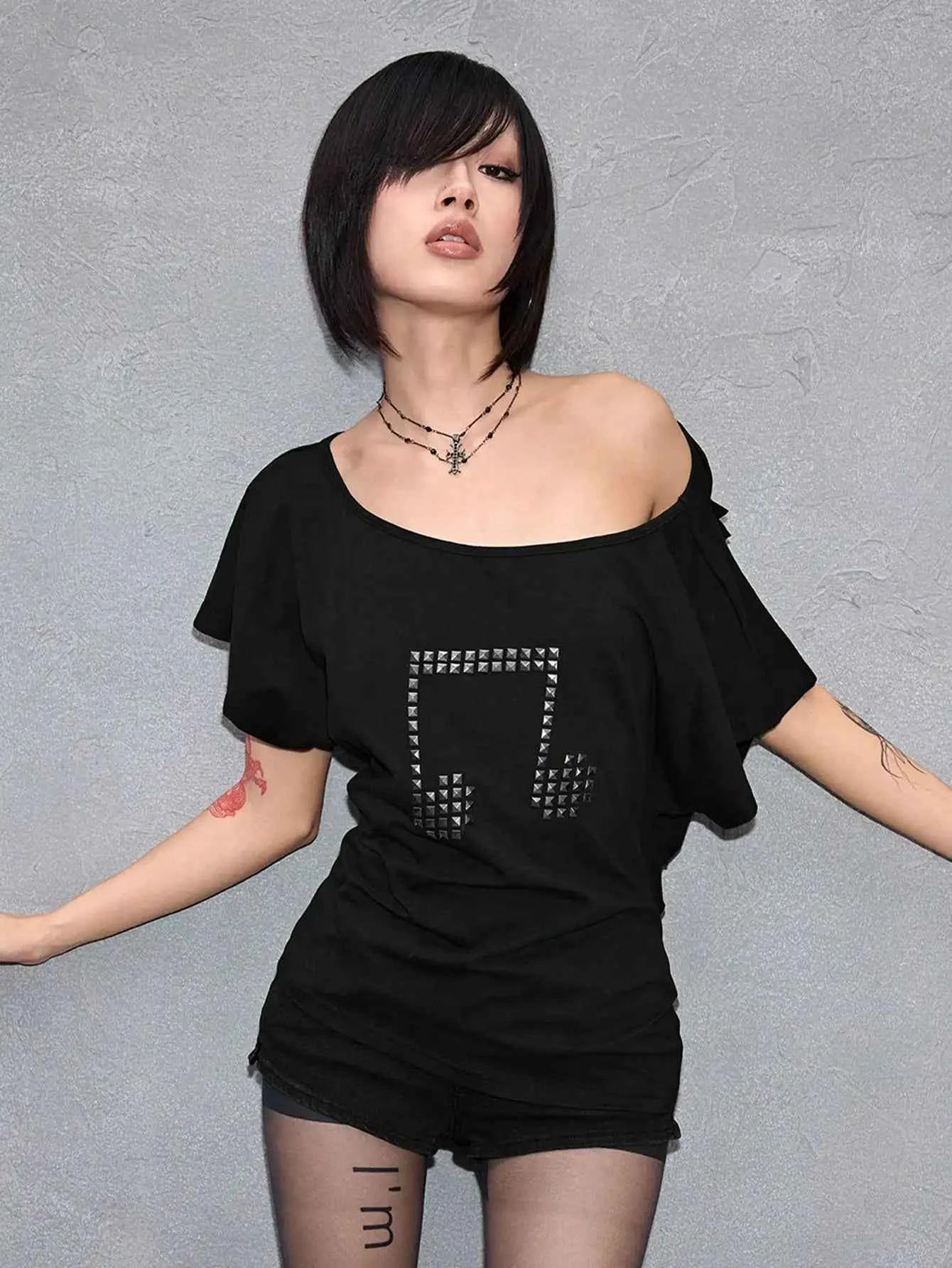 Punk Y2K Studded Cross T-Shirt with Cutout Back, Off-Shoulder Loose Fit for Streetwear
