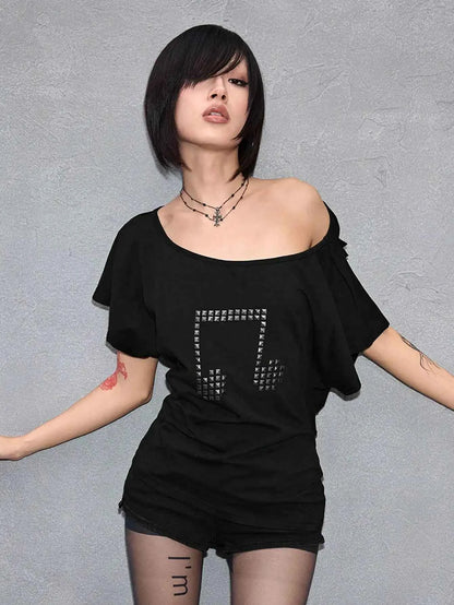 Punk Y2K Studded Cross T-Shirt with Cutout Back, Off-Shoulder Loose Fit for Streetwear