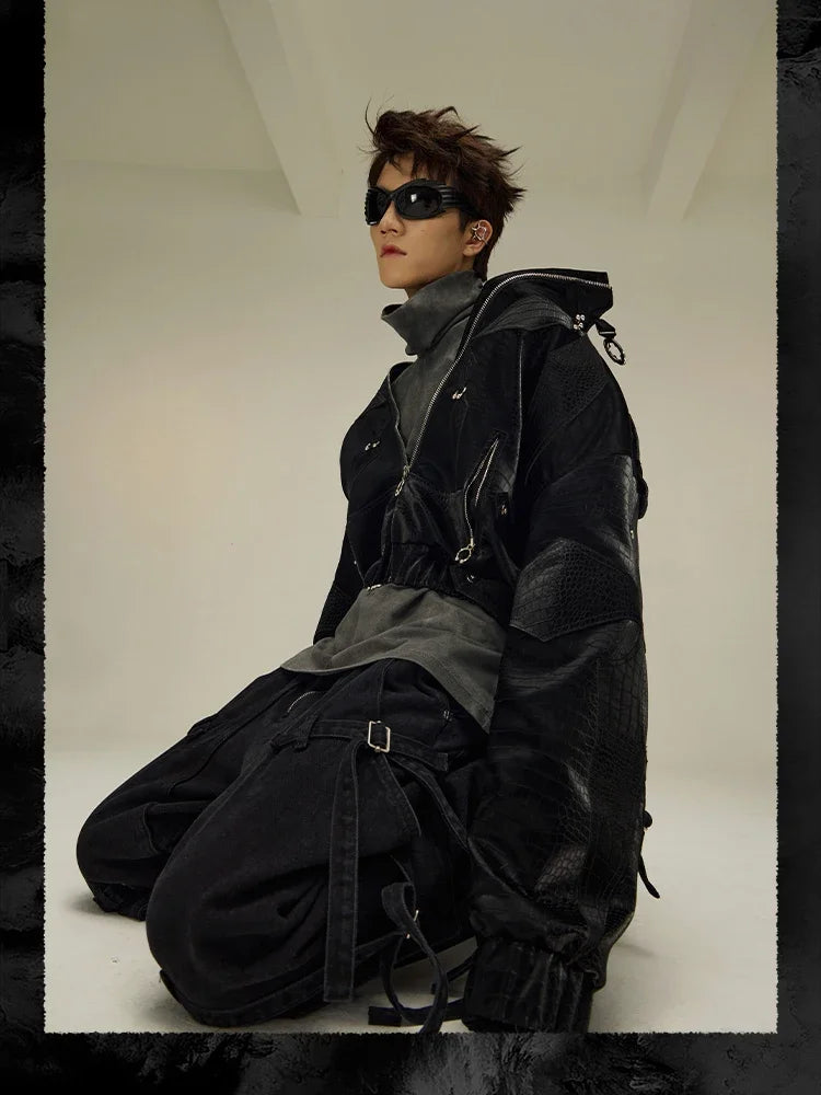 High Quality Crocodile Patchwork Pu Leather Coat Luxury Streetwear Men's Gothic Urban