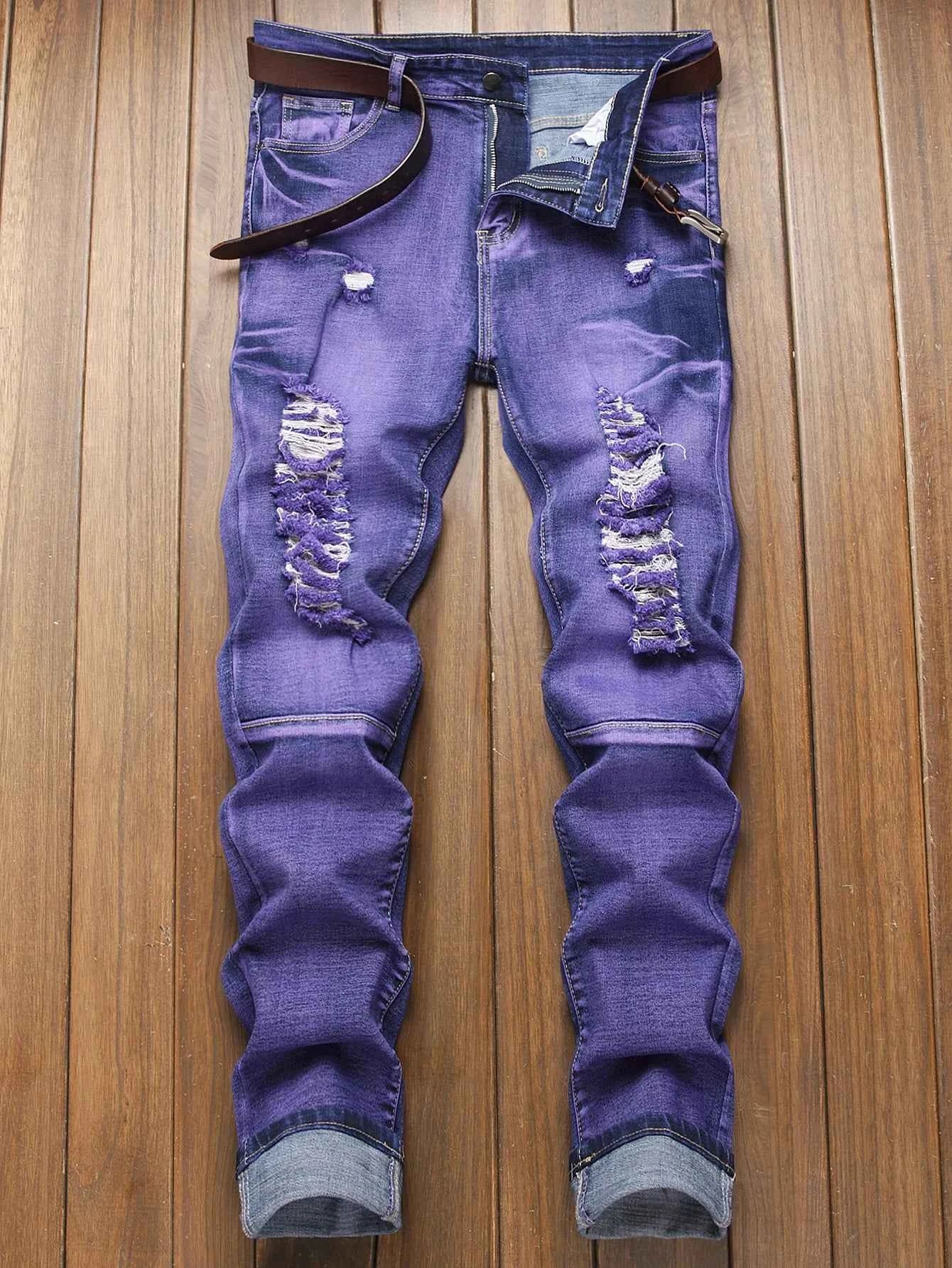 Stretch Slim Fit Jeans - Men's Mid Waist Distressed And Ripped Denim Jeans With Tassels For All Seasons Street Wear
