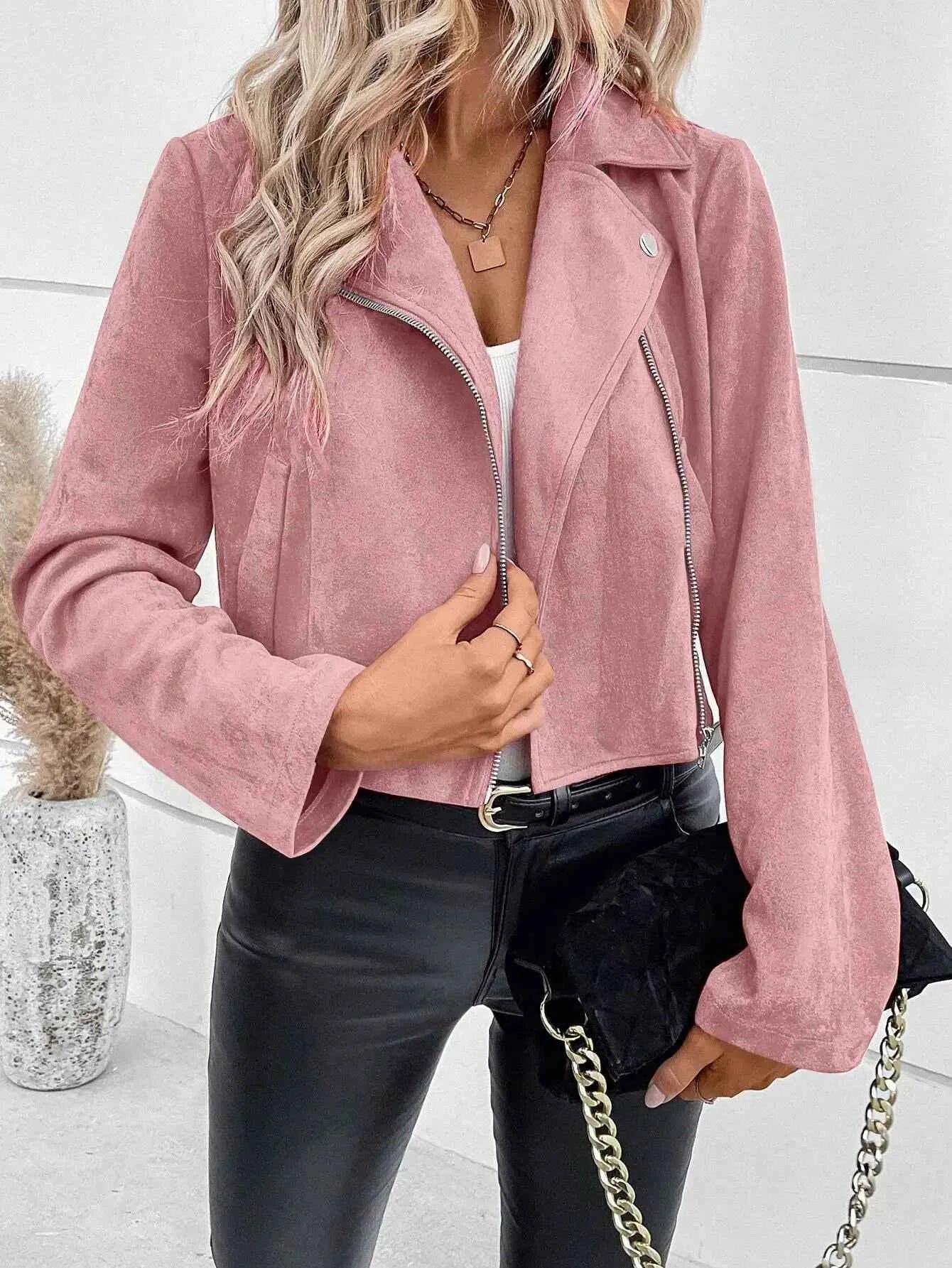 Faux Suede Women Jakcet Zipper Fly Lapel Buttons Motorcycle Jacket Leather Jacket Windproof High Street Biker Jacket Cardigan