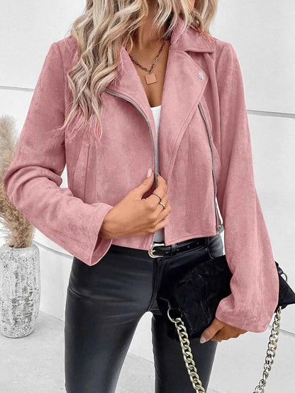 Faux Suede Women Jakcet Zipper Fly Lapel Buttons Motorcycle Jacket Leather Jacket Windproof High Street Biker Jacket Cardigan