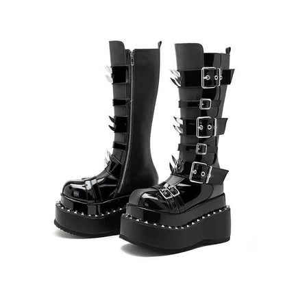 Belt Buckle Spike Rivet Platform Motorcycle Boots Round Toe Thick Sole Side Zipper Punk Knee High Boots Heavy Work Gothic Style