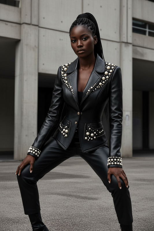 Women's Pearl Decoration PU Leather Jacket