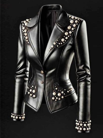 Women Pearl Decoration PU Leather Jacket Turn Down Collar Elegant Single Breasted Long Sleeve Casual Hip Hops Faux Leather Coat