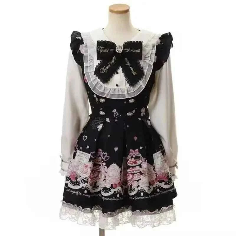 Y2k Aesthetic Lolita Style Bow Dress Shorts Set Japanese Women Gothic Lace Flare Sleeve Button Shirt Dress Punk Party Mini Dress