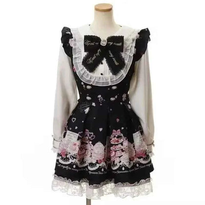 Y2k Aesthetic Lolita Style Bow Dress Shorts Set Japanese Women Gothic Lace Flare Sleeve Button Shirt Dress Punk Party Mini Dress