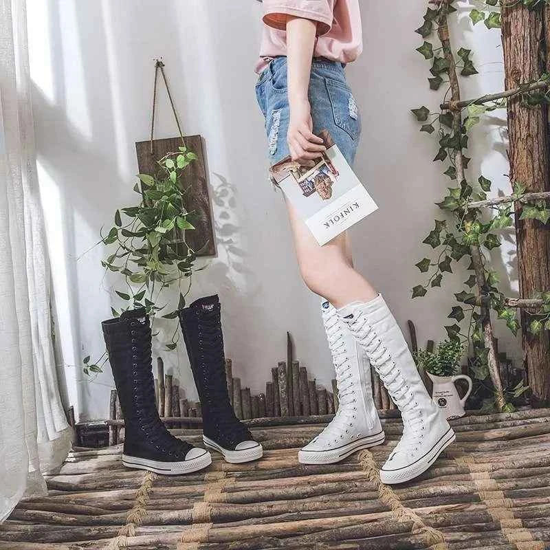 2025 New High Top Canvas Shoes for Women's Korean Edition Long Boot Lace-Up Zipper Comfortable Boot Zapatos De Mujer Tendencia
