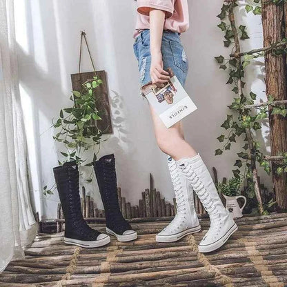2025 New High Top Canvas Shoes for Women's Korean Edition Long Boot Lace-Up Zipper Comfortable Boot Zapatos De Mujer Tendencia