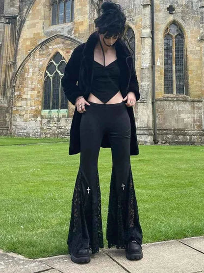 Goth Mall Flare Pants Sexy Black Lace Patchwork High Waist Vintage Harajuku Hippie Punk Grunge Streetwear  Y2k Pants