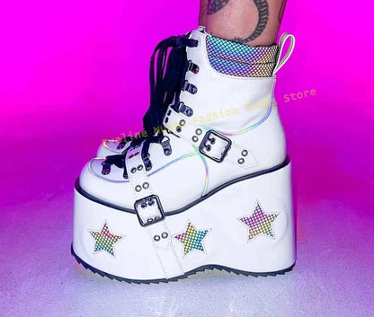 Green Spaced Out Platform Boots Round Toe Wedge Belt Buckle Lace Up Patchwork Women Cyberpunk Boots Gothic Style Y2K Shoes 2025