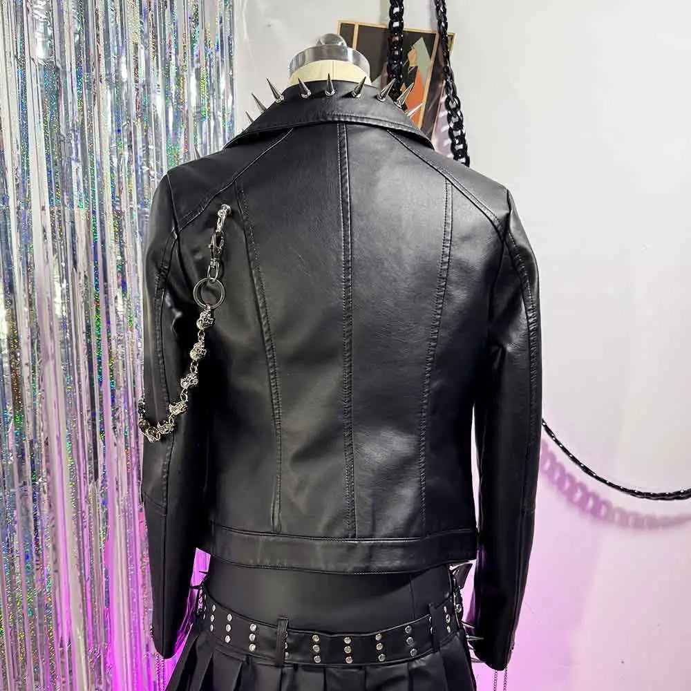 Y2K Vegan Leather Skull Studded Rivets Jacket Coat E-Girls Gothic Harajuku Grunge Chain Emo Eco DIY Punk Rock Hand Made