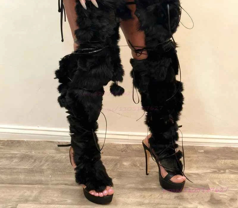 Long Plush Tassel Black Fur Sandals Women Fringe Cross Straps Boots Wrap Patchwork Thighs Sexy Platform Girls Cool Party Shoes
