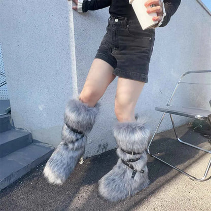 Ladies Faux Fur Knee High Wedge Platform Boots Popular Brown Spice Girl Cross Belt Buckle Winter New Snow Boots For Women