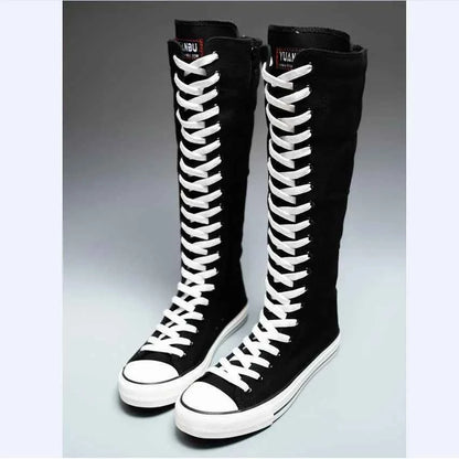 2025 New High Top Canvas Shoes for Women's Korean Edition Long Boot Lace-Up Zipper Comfortable Boot Zapatos De Mujer Tendencia
