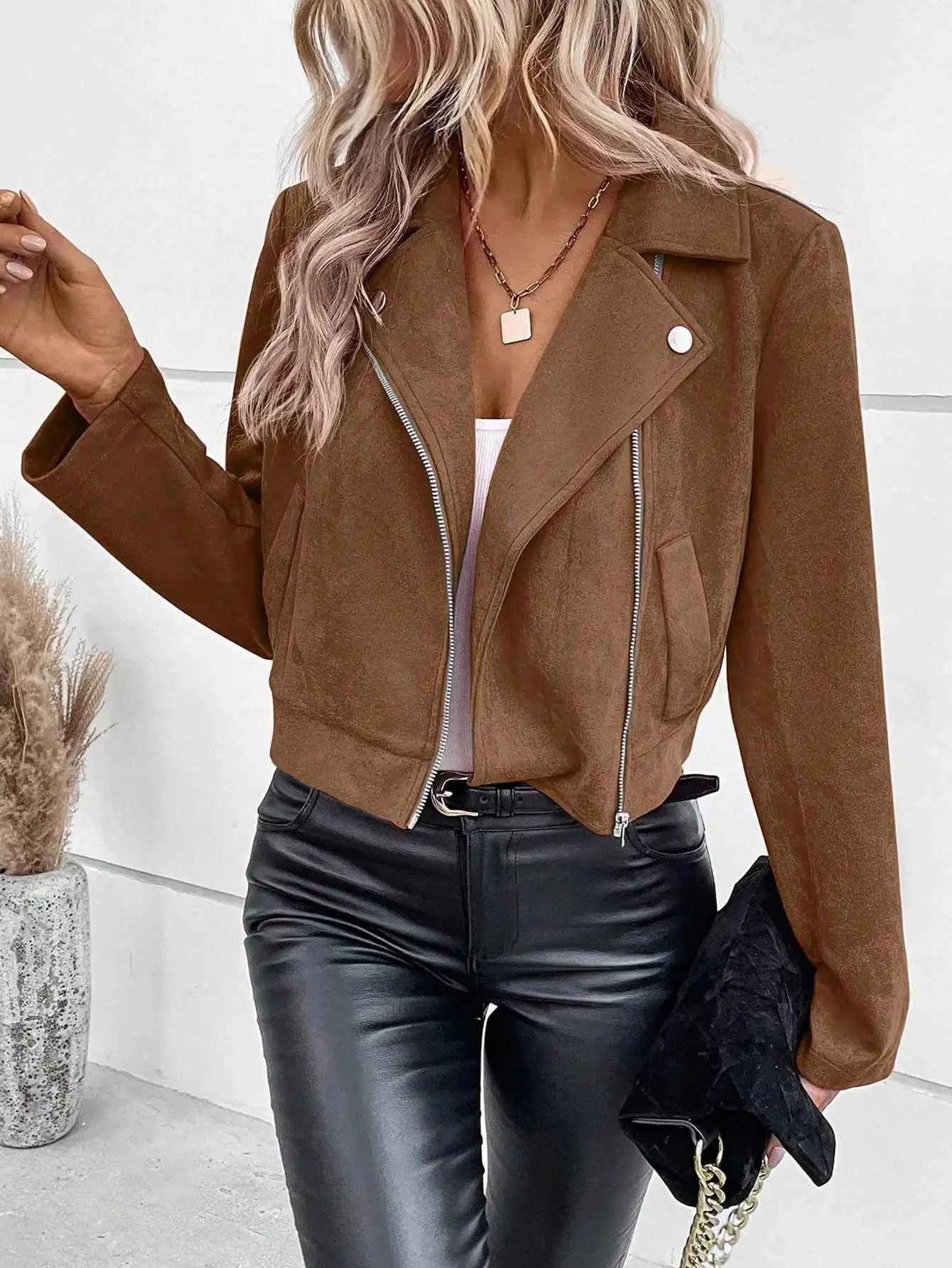 Faux Suede Women Jakcet Zipper Fly Lapel Buttons Motorcycle Jacket Leather Jacket Windproof High Street Biker Jacket Cardigan