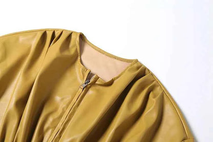 Weird Puss Luxury PU Crop Jacket Women Irregular Waist-Cinch Spring Wild Zip Full Sleeve Streetwear Office Lady Classic Coat