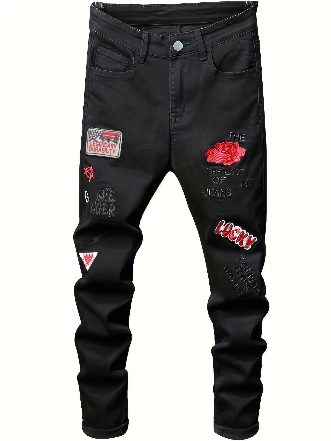 Men's slim fit jeans embroidered elastic straight leg denim pants