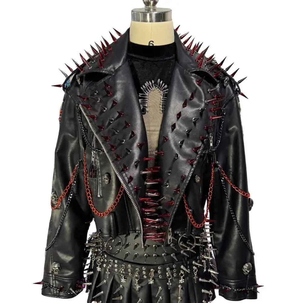 Punk Rock E-Girls Eco Goth Gothic Emo Grunge DIY Harajuku Y2K PU Leather Skull Studded Jacket Vintage Hand Made Studded Rivet