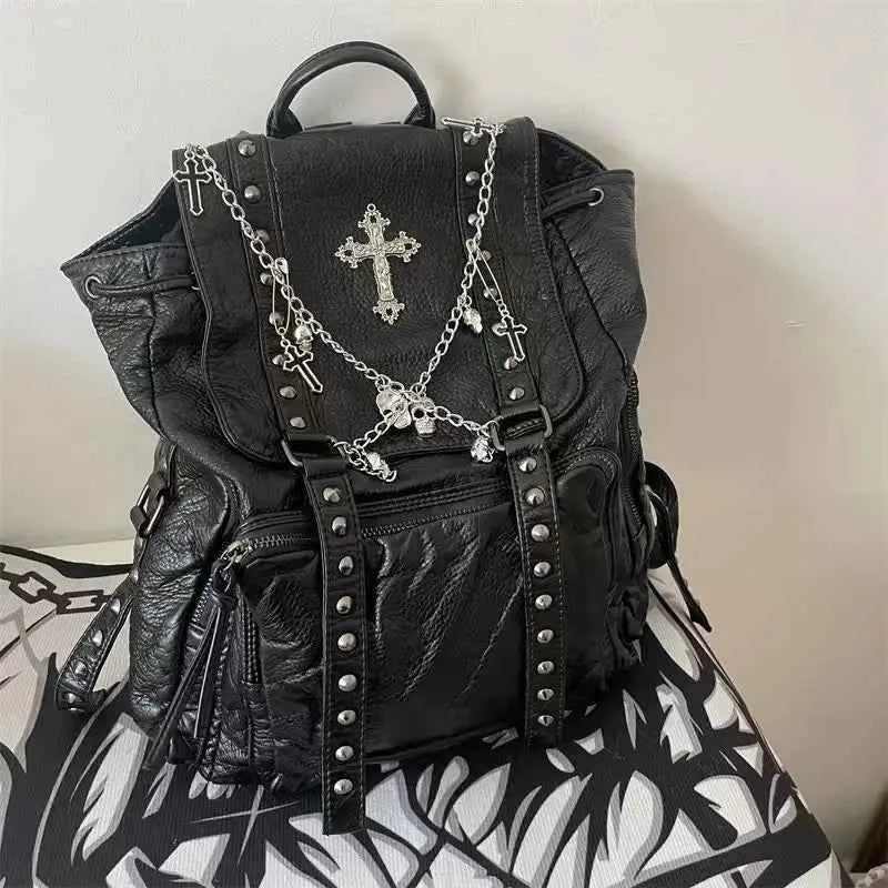 Gothic Y2K Backpack Black Grunge Cross Skeleton | MUNSIEUR