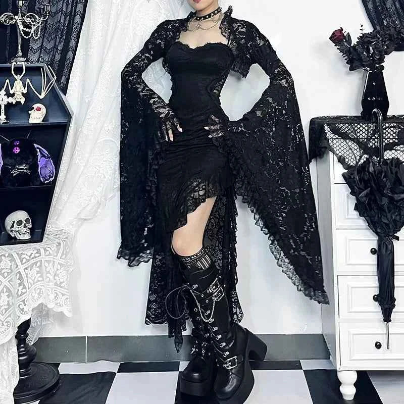 Gothic Classic Lace Cover Ups Women Mesh Crop Top See Through Sexy Flare Sleeve Blouse Y2k Black Rave Outfit Festival