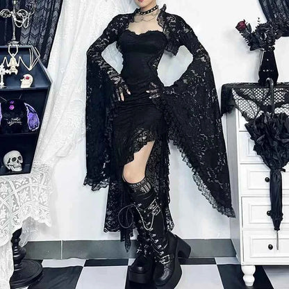 Gothic Classic Lace Cover Ups Women Mesh Crop Top See Through Sexy Flare Sleeve Blouse Y2k Black Rave Outfit Festival