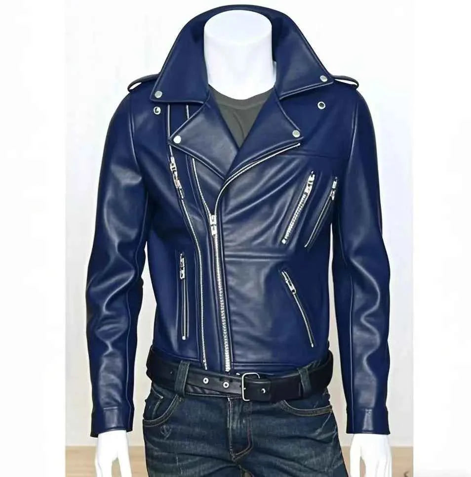 Winter and Autumn Men's Oversized Button-down PU Leather Coat with Multiple Zippers Polo Jacket, with Many Zippers