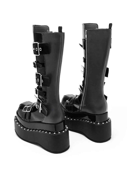 Belt Buckle Spike Rivet Platform Motorcycle Boots Round Toe Thick Sole Side Zipper Punk Knee High Boots Heavy Work Gothic Style