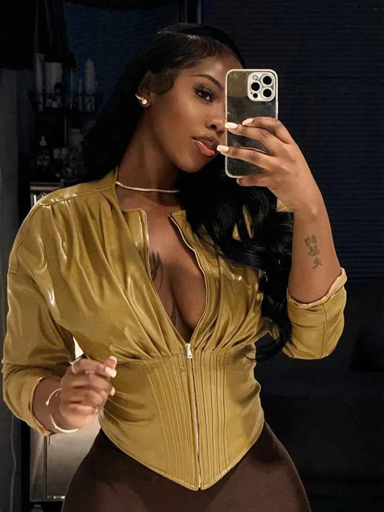Weird Puss Luxury PU Crop Jacket Women Irregular Waist-Cinch Spring Wild Zip Full Sleeve Streetwear Office Lady Classic Coat