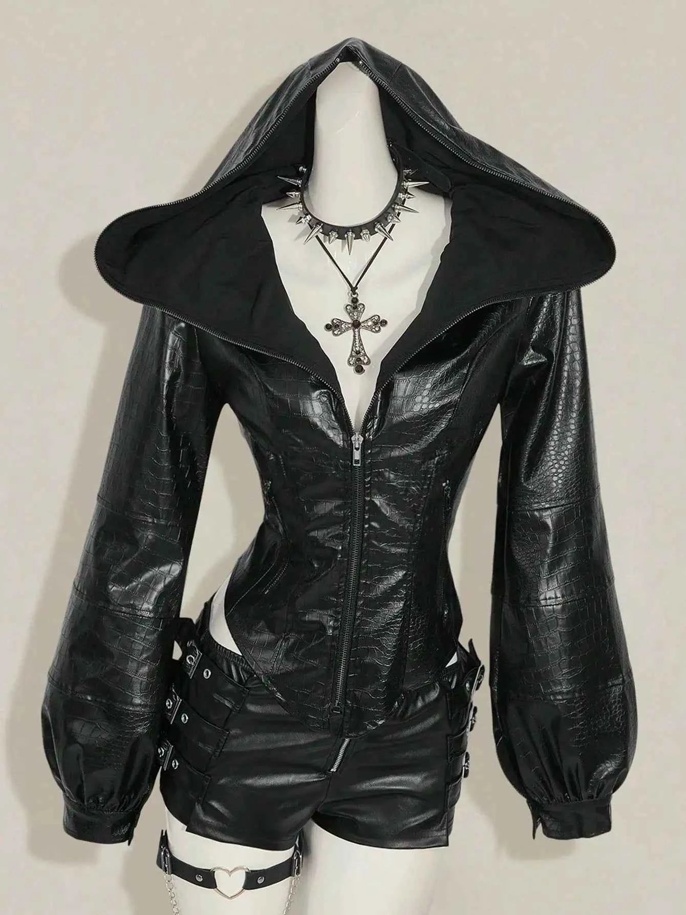 Women's Gothic Punk Hooded PU Leather Jacket with Corset Waist, Zip-Up Front & Spiked Collar for Fall/Winter